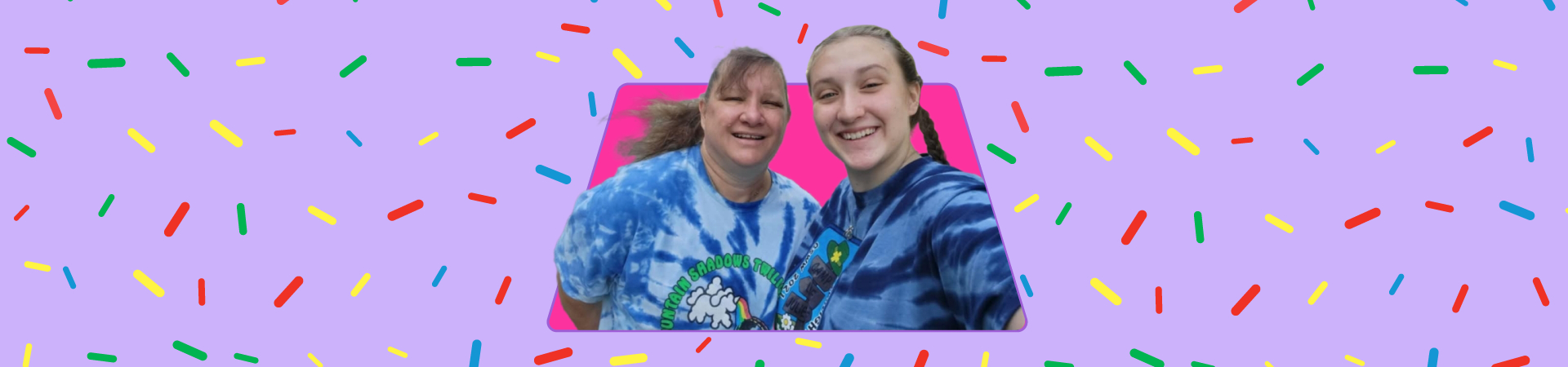  Black text against a gold confetti background reads, "Congratulations Kayla! Our October 2024 Volunteer of the Month!" To the right, a photo of a woman wearing a teal hat holding orange and silver pom-poms. A purple trefoil is in the top left corner.  