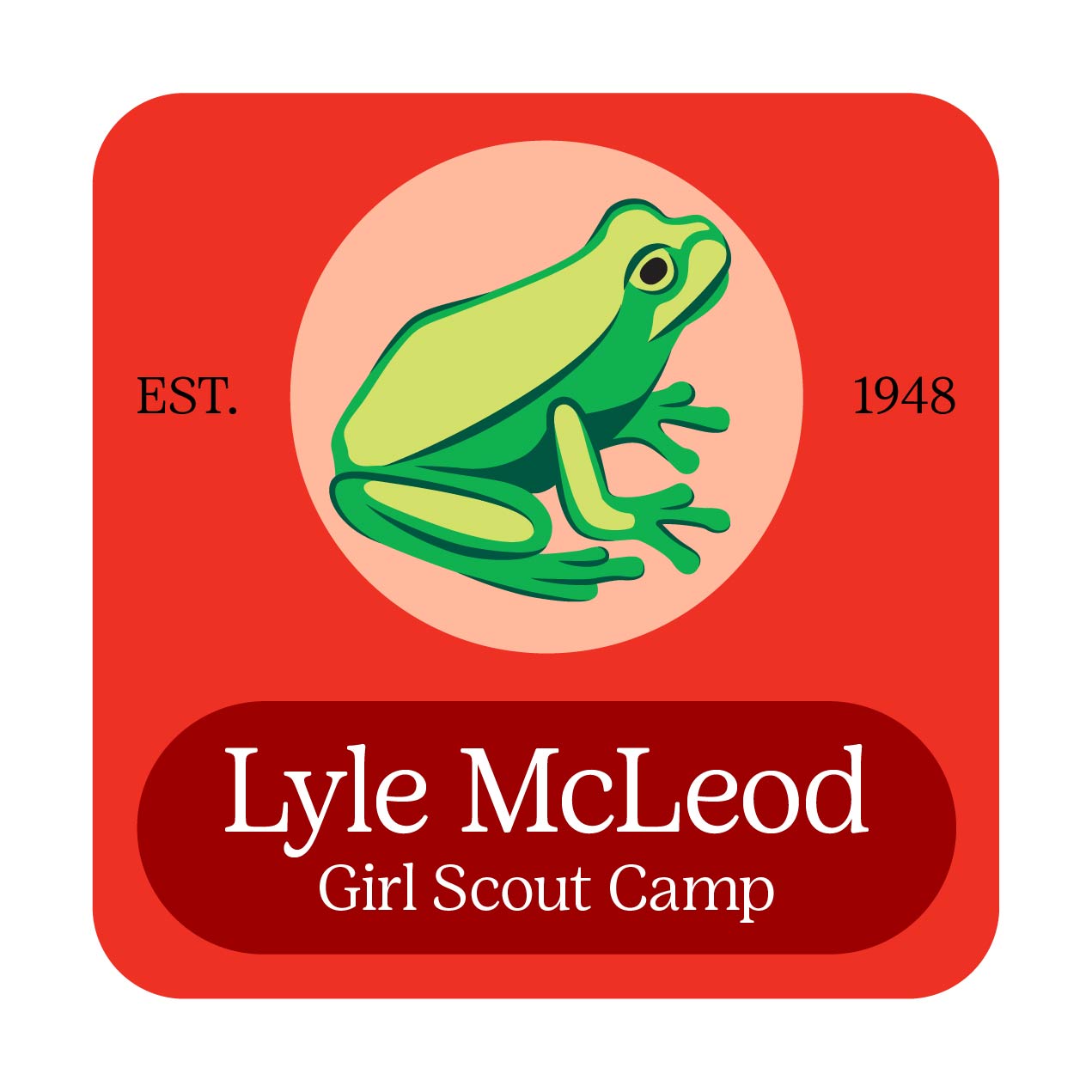 An illustration of a green frog is set against a red square shape. White text reads, "Lyle McLeod Girl Scout Camp." Black text reads, "Est. 1948."