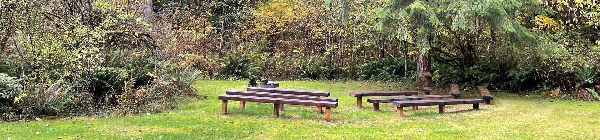  Image Description: Several wooden benches surrounding a campfire in the woods during daytime. 