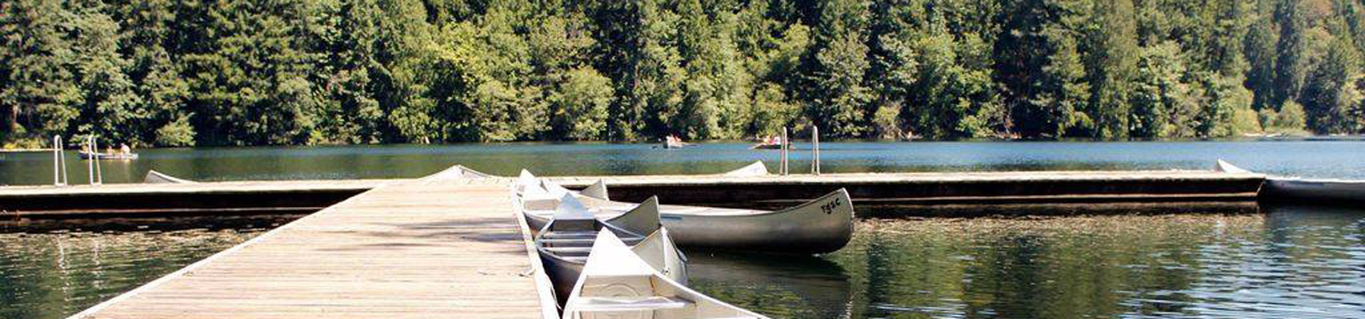  Image Description: A canoe next to a dock on a sunny lake with trees in the distance. 