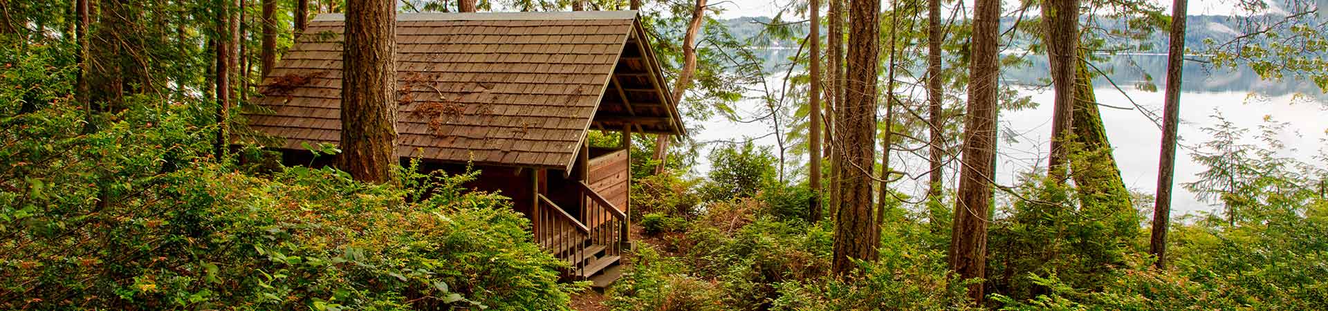  A wooden foot bridge in the forest leads to a Girl Scout camp cabin surrounded by trees. A colorful beach towel hangs over the railing on one side of the bridge. 