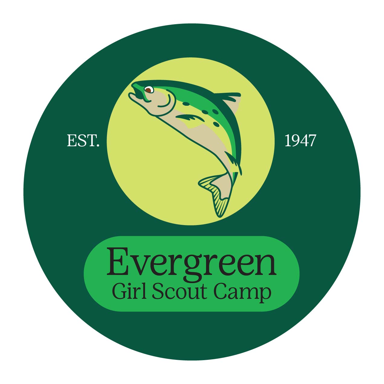 Illustration of a fish set against a yellow and green circle. Black text reads, "Evergreen Girl Scout Camp." White text reads, 'Est. 1947."