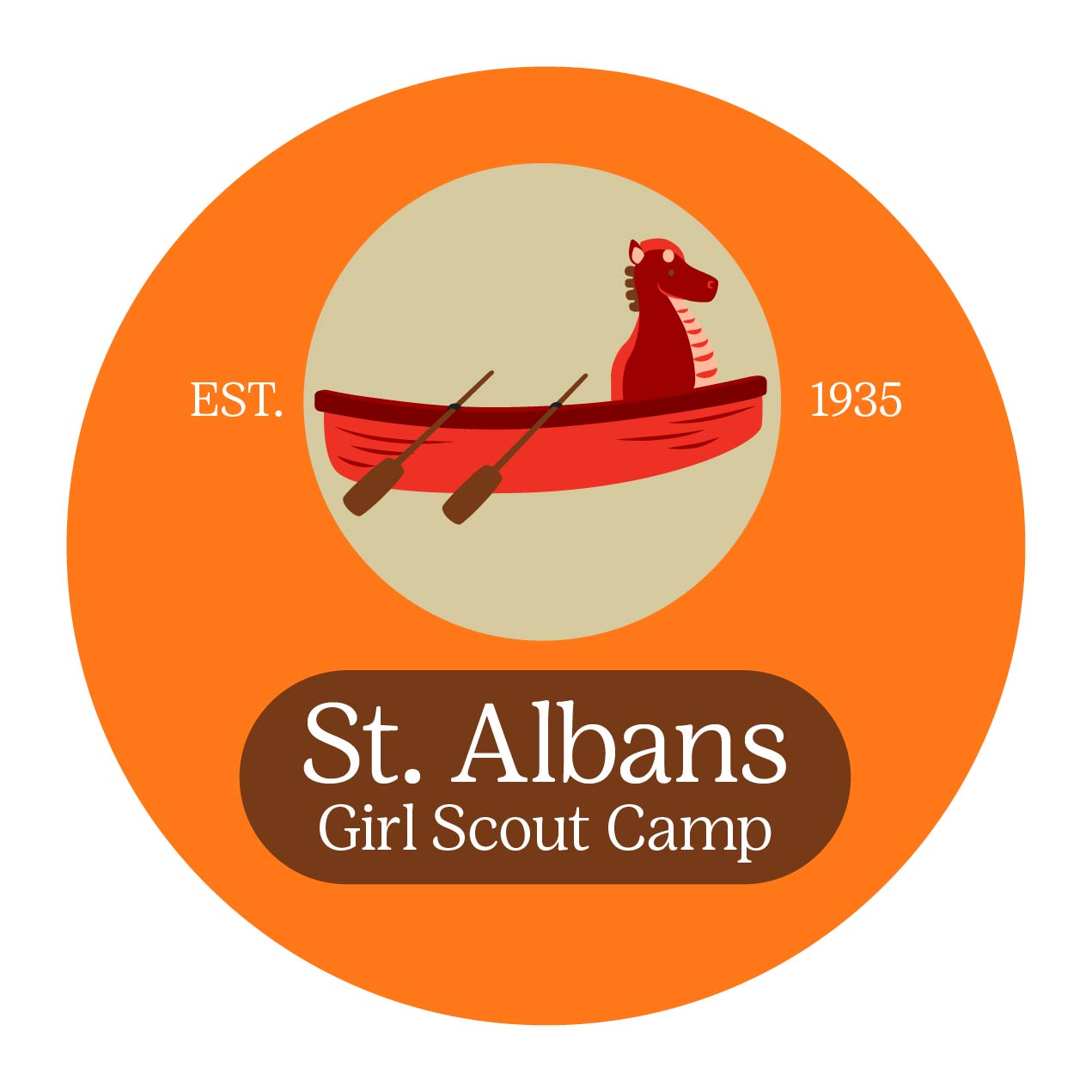 An illustration of a red dragon boat is set against a khaki- and orange-colored circle. White text inside a brown shape reads, "St. Albans Girl Scout Camp. Est. 1935."
