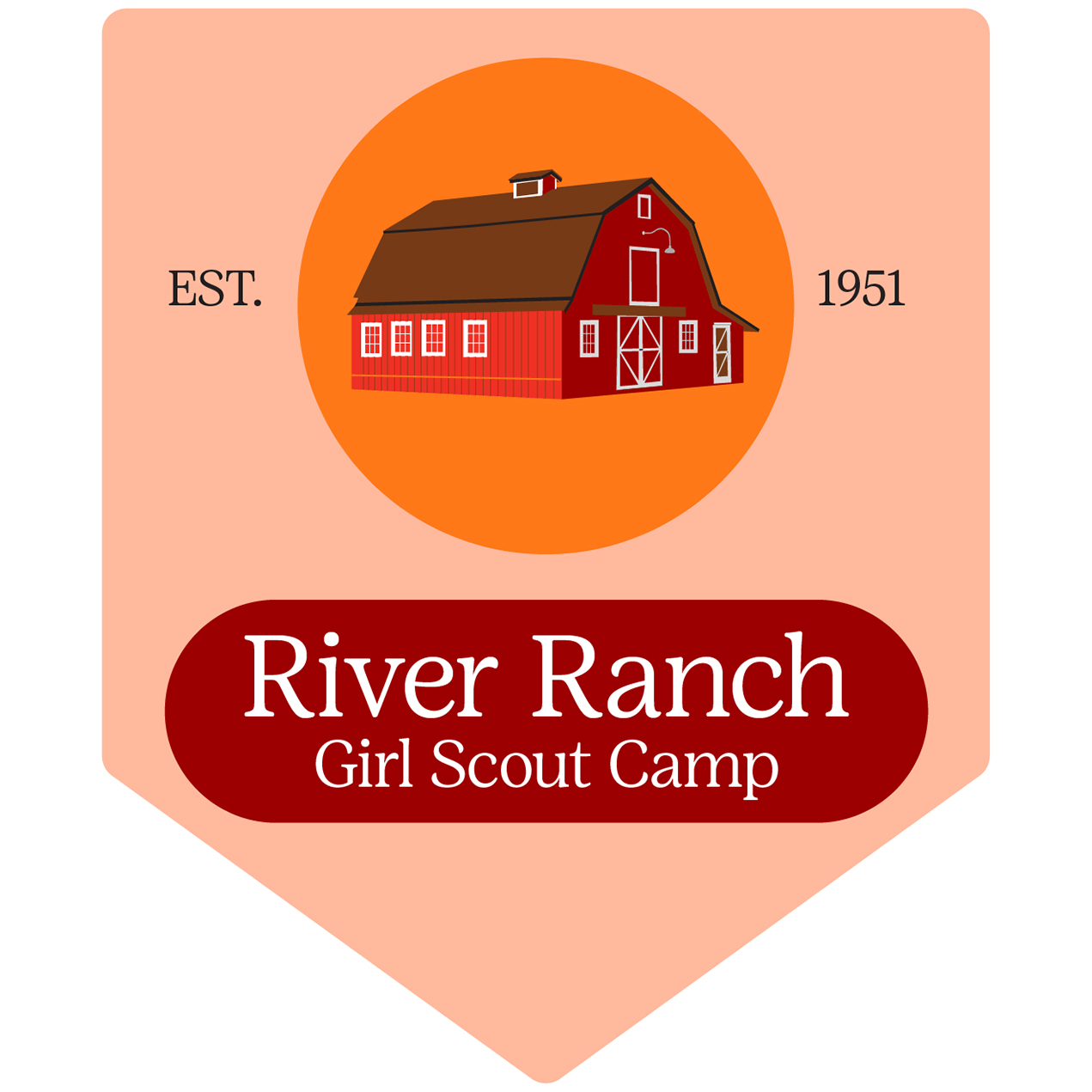 An illustration of a covered wagon is set against a green- and lime-colored shape. White text reads, "River Ranch Girl Scout Camp." Black text reads, 'Est. 1951."