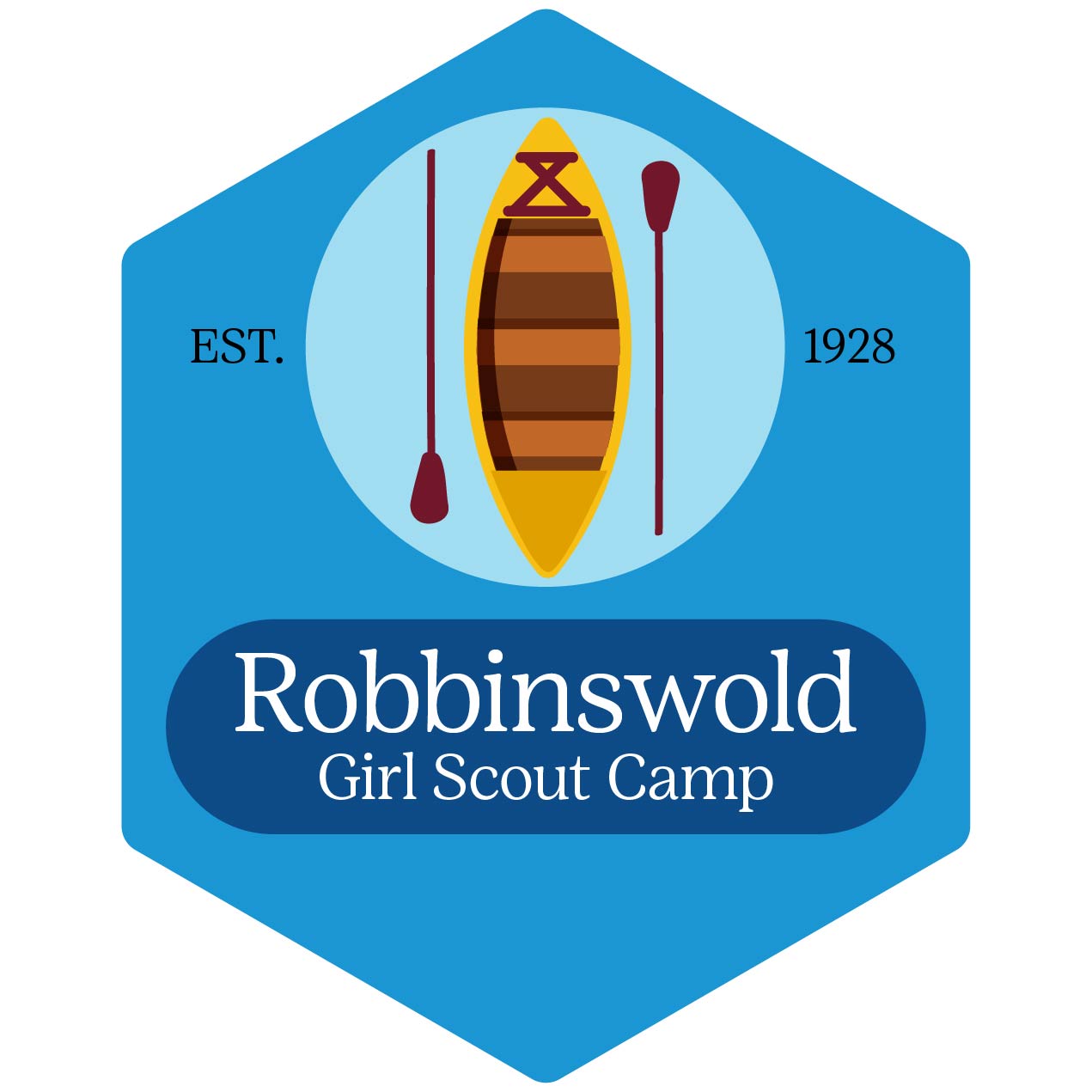 An illustration of a canoe and two paddles is set against a blue shape. White text reads, "Robbinswold Girl Scout Camp." Black text reads, "Est. 1928."