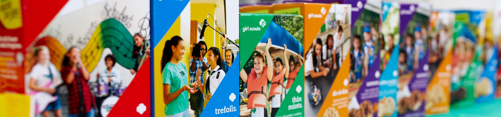  Boxes of assorted Girl Scout Cookies in a line up. 