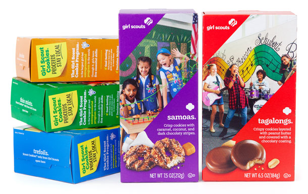 Boxes of various Girl Scout Cookies.