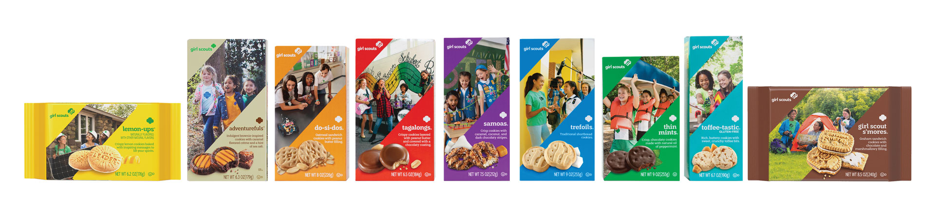  Boxes of assorted Girl Scout Cookies in a line up. 